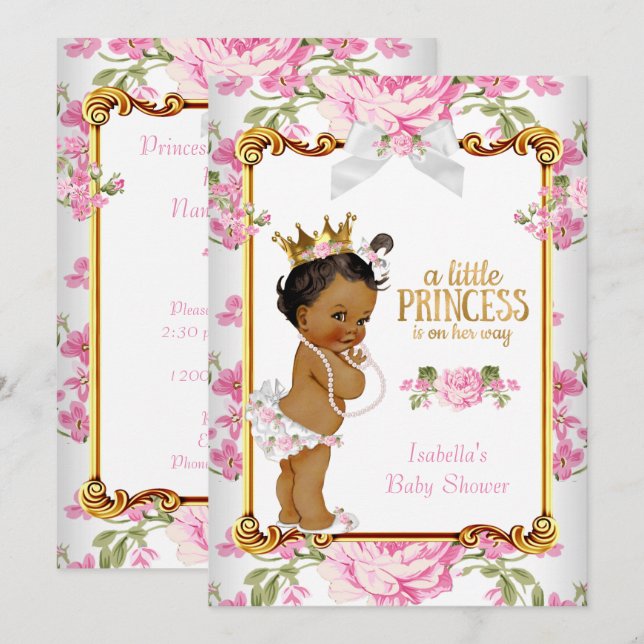 Princess Baby Shower Rosa White Blommigt Ethnic 2 Inbjudningar (Fram/baksida)