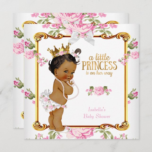 Princess Baby Shower Rosa White Blommigt Ethnic Inbjudningar (Fram/baksida)