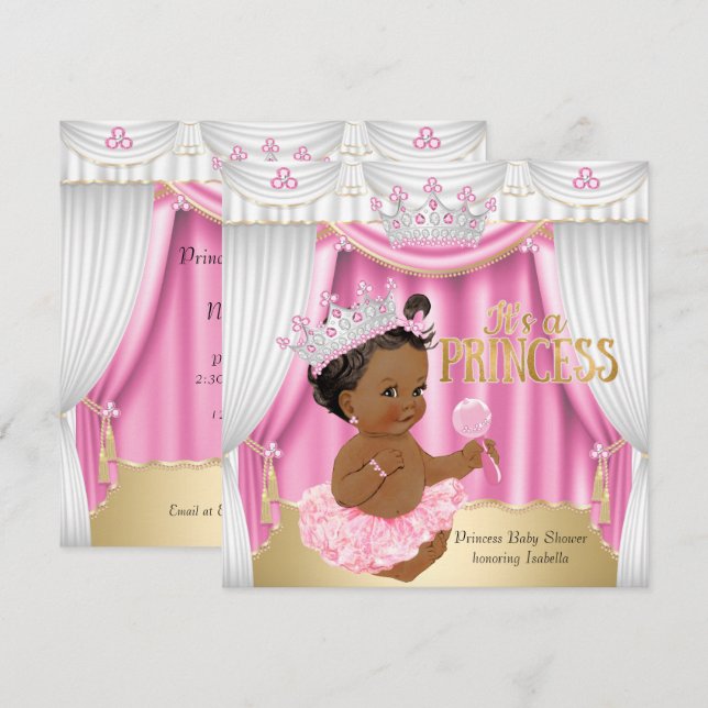 Princess Baby Shower Rosa White Gem Guld Ethnic Inbjudningar (Fram/baksida)