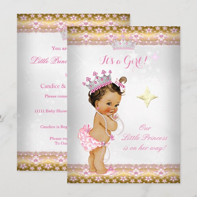 Princess Baby Shower Rosa White Guld Tiara Brunett Inbjudningar (Fram/baksida)