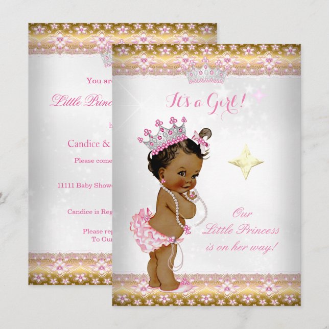 Princess Baby Shower Rosa White Guld Tiara Ethnic Inbjudningar (Fram/baksida)