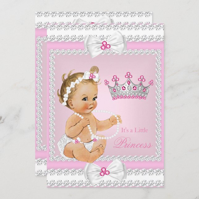 Princess Baby Shower Rosa White Pearls Bows Blonde Inbjudningar (Fram/baksida)