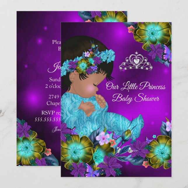 Princess Baby Shower Teal Blue Lila Girl Ethnic Inbjudningar (Fram/baksida)