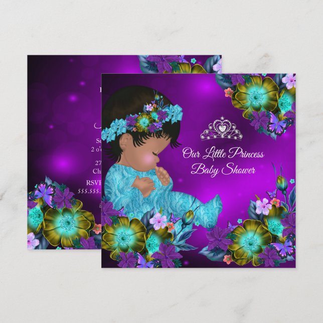 Princess Baby Shower Teal Blue Lila Girl Ethnic Inbjudningar (Fram/baksida)