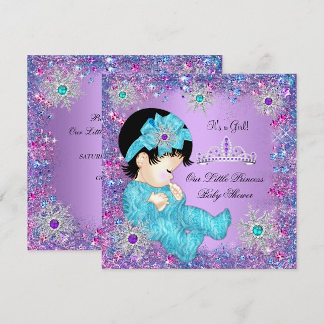 Princess Baby Shower Teal Blue Lila Rosa Brunett Inbjudningar (Fram/baksida)