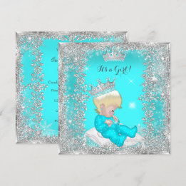 Princess Baby Shower Teal Blue Silver Blonde Inbjudningar