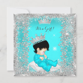 Princess Baby Shower Teal Blue Silver Brunette Inbjudningar