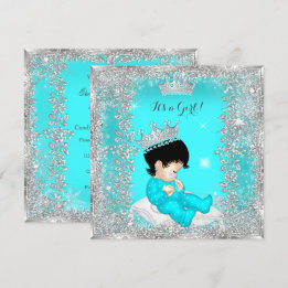 Princess Baby Shower Teal Blue Silver Brunette Inbjudningar