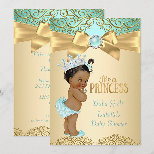 Princess Baby Shower Teal Guld Damask Ethnic Inbjudningar (Fram/baksida)