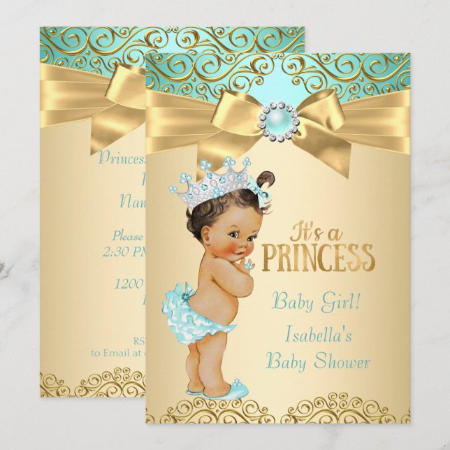 Princess Baby Shower Teal Guld Damask Inbjudningar (Fram/baksida)