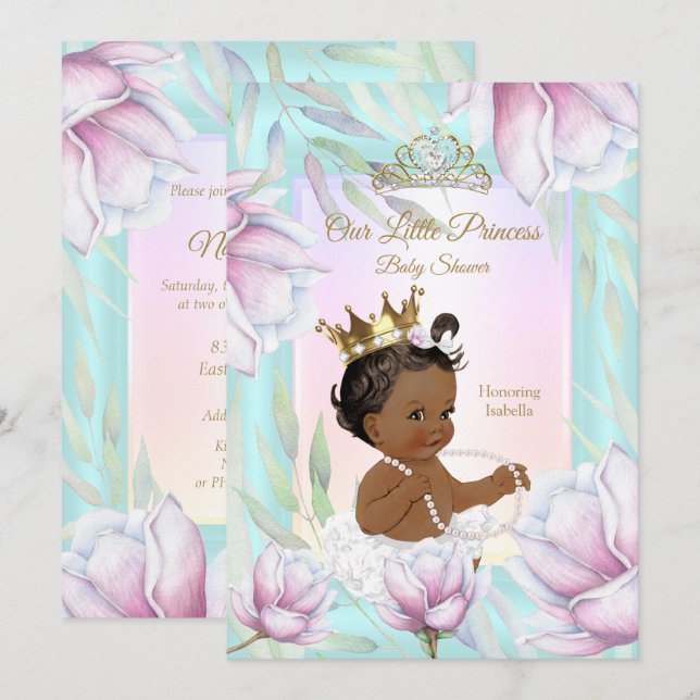Princess Baby Shower Teal Rosa Lilac Blommigt Ethn Inbjudningar (Fram/baksida)