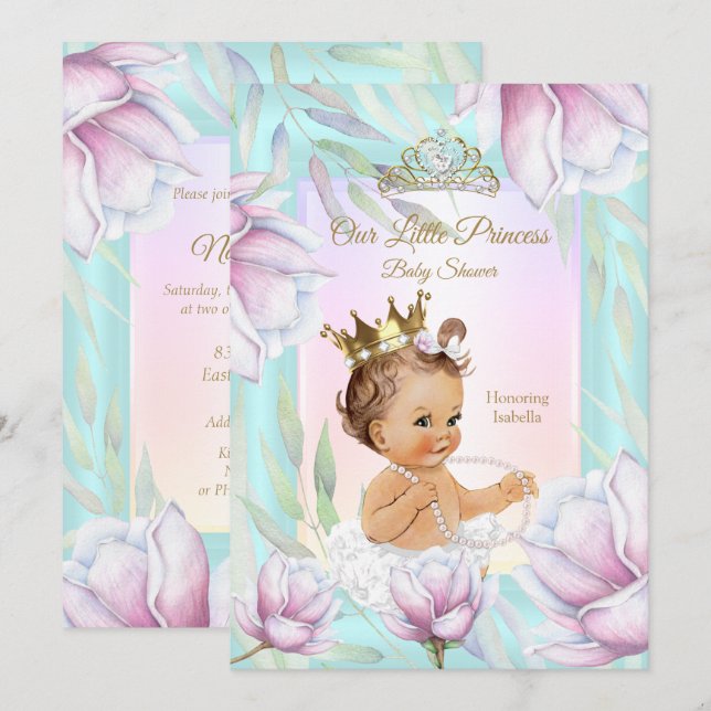 Princess Baby Shower Teal Rosa Lilac Blommigt Inbjudningar (Fram/baksida)