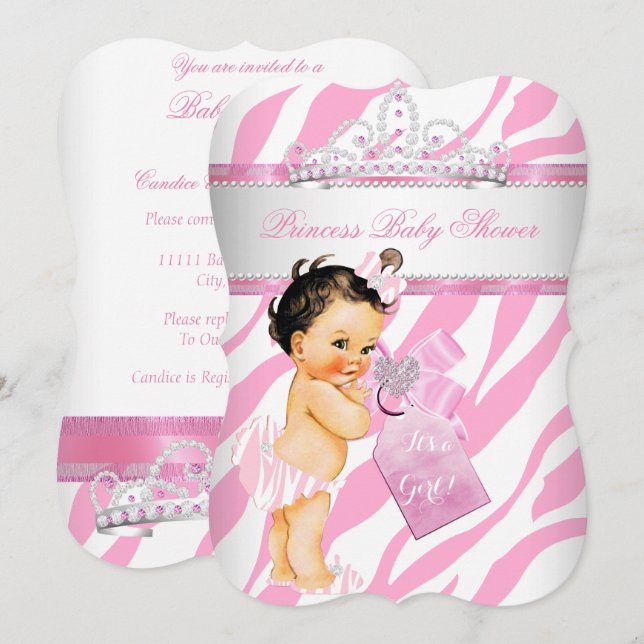 Princess Baby Shower Zebra Rosa Brunette Girl Inbjudningar (Fram/baksida)