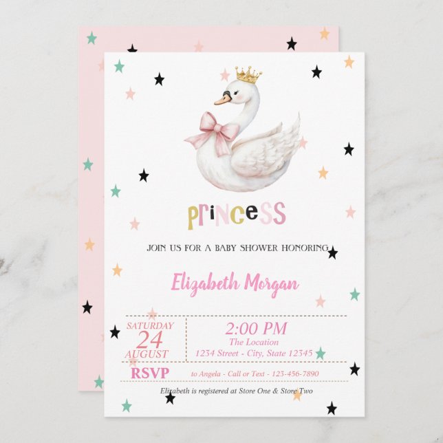 Princess Baby Swan, Stars Baby Shower Inbjudningar (Fram/baksida)