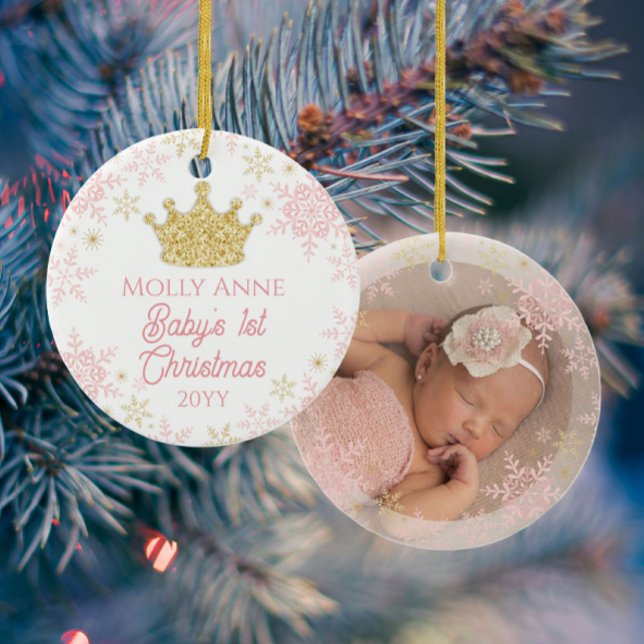 Princess Baby under 1:a jul Rosa & Guld Photo Julgransprydnad Keramik (Skapare uppladdad)