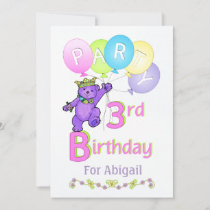 Princess Bear 3:e födelsedag Party eget namn Inbjudningar