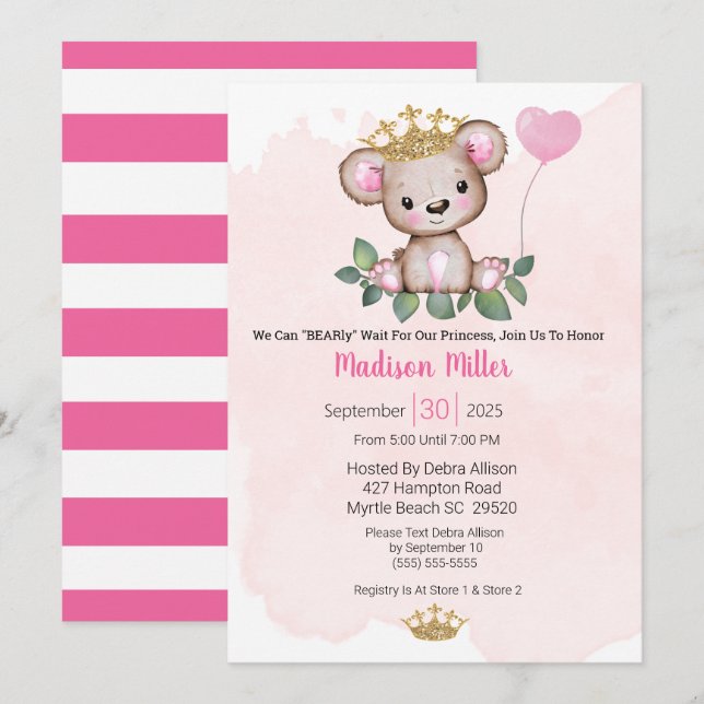 Princess Bear Rosa Baby Shower Inbjudningar (Fram/baksida)