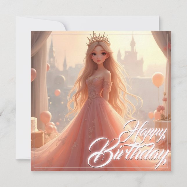 Princess Birthday Card i Rosa (Framsida)