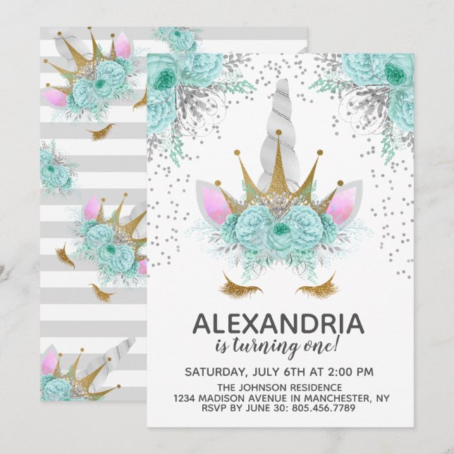 Princess Birthday, Mint, Silver & Guld Inbjudningar (Fram/baksida)