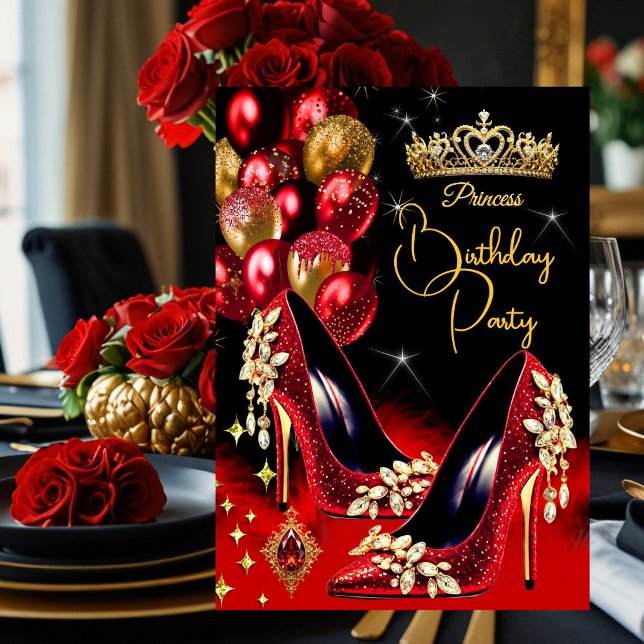 Princess Birthday Red Glitter Högklackar Krona Inbjudningar (Skapare uppladdad)