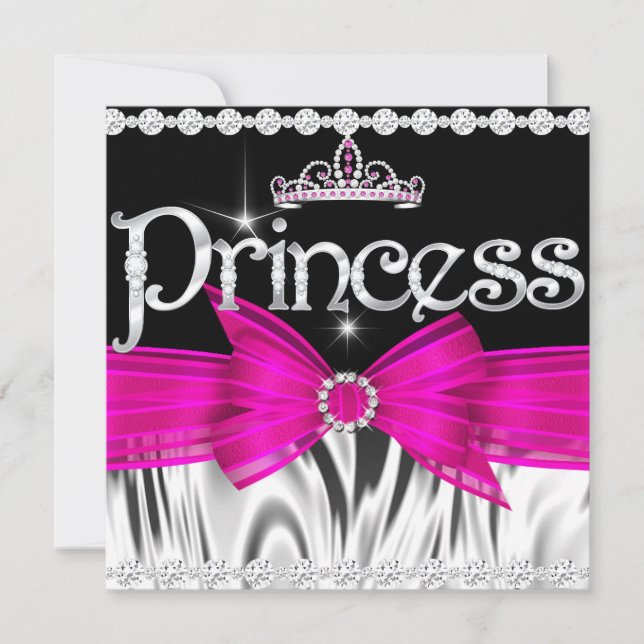 Princess Birthday Shock rosa Bow Black Silver Tiar Inbjudningar (Framsida)