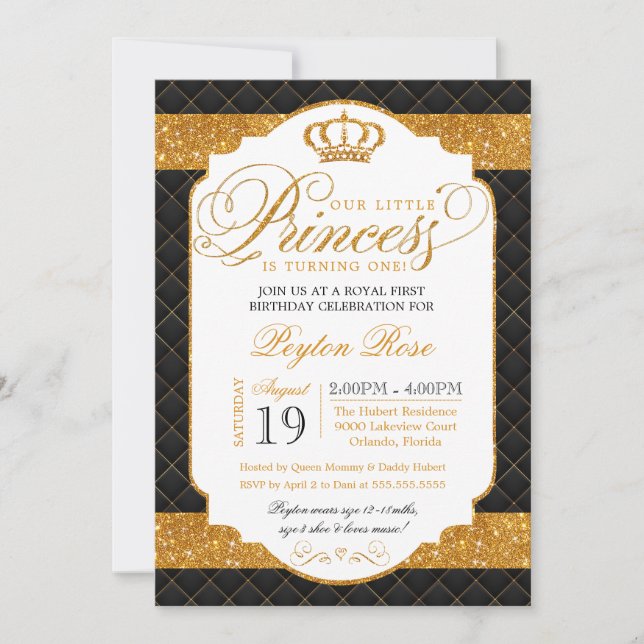 Princess Black & Guld Luxury Birthday-inbjudan Inbjudningar (Framsida)