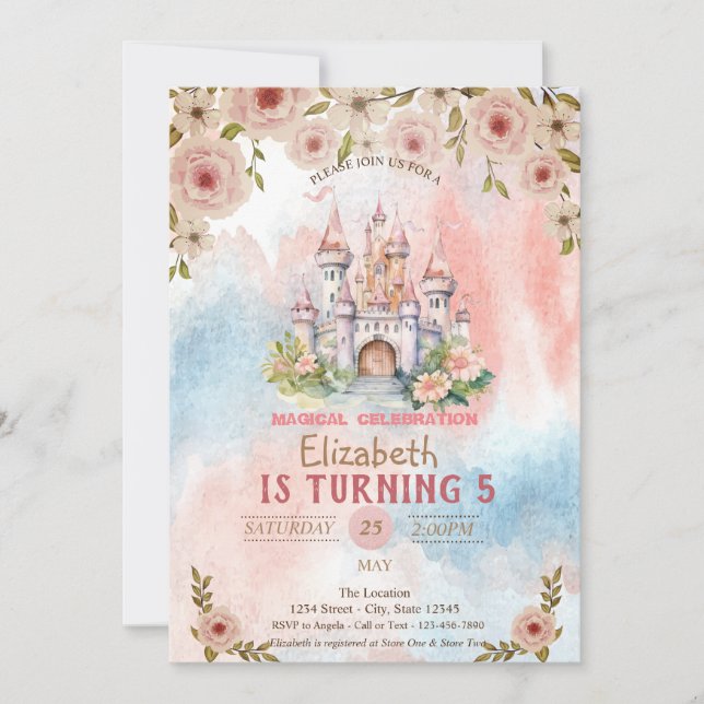 Princess Blommigt Castle Watercolor Birthday Inbjudningar (Framsida)