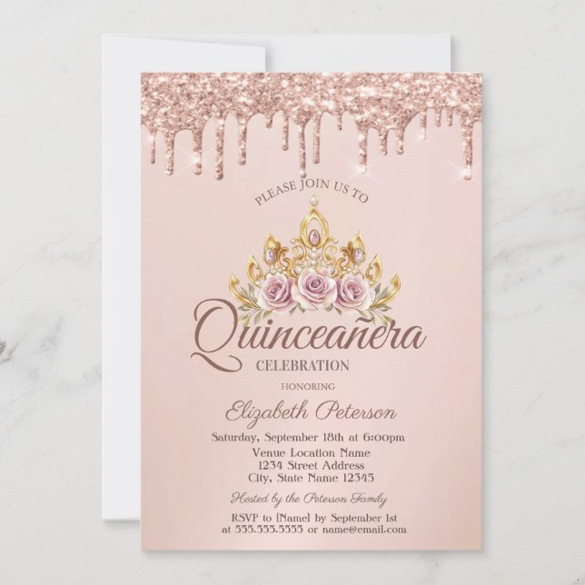 Princess Blommigt Krona Ro Guld Drips Quinceañera Inbjudningar (Framsida)