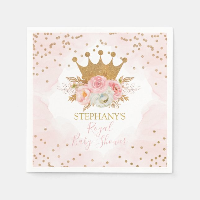 Princess Blommigt Rosa & Guld Baby Shower Napkins Pappersservett (Framsidan)