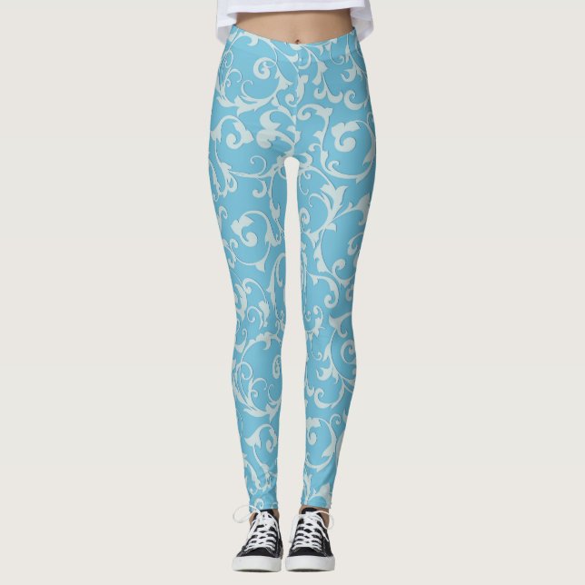 Princess Blue Elegant Royal Damask Swirl Leggings (Framsida)