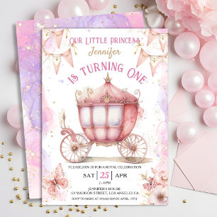Princess Carriage 1st Birthday Party Girl Rosa Inbjudningar