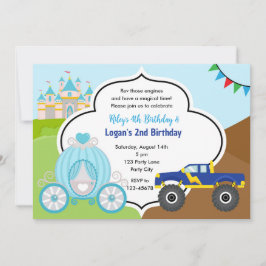Princess Carriage & Monster Lastbil Joint Birthday Inbjudningar