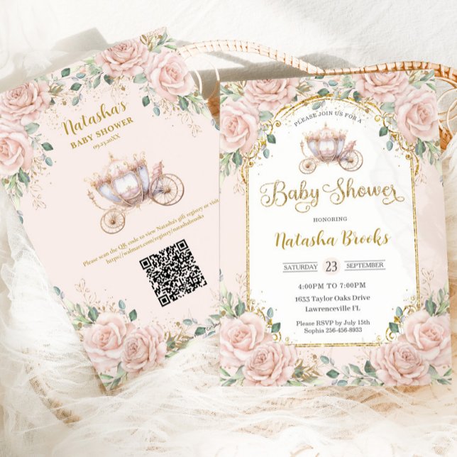 Princess Carriage  Rosa Blommigt Baby Shower Inbjudningar (Skapare uppladdad)