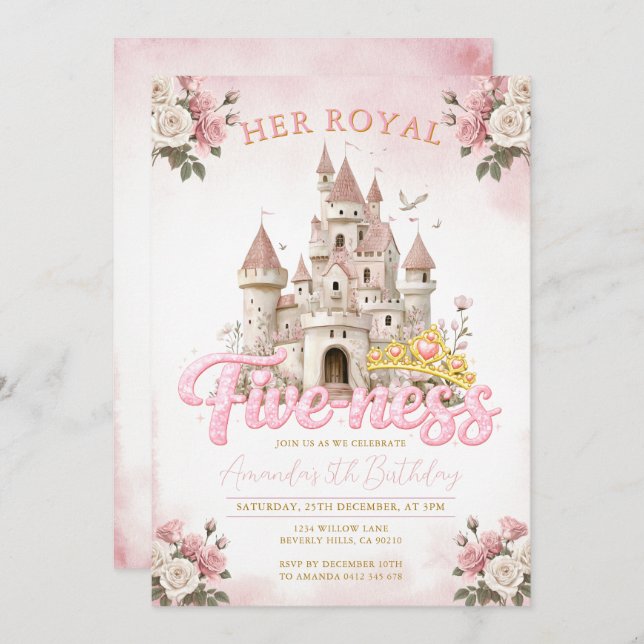 Princess Castle 5th Birthday Five-ness Royal  Inbjudningar (Fram/baksida)