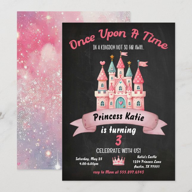 Princess Castle Birthday Call Rosa Girly Inbjudningar (Fram/baksida)