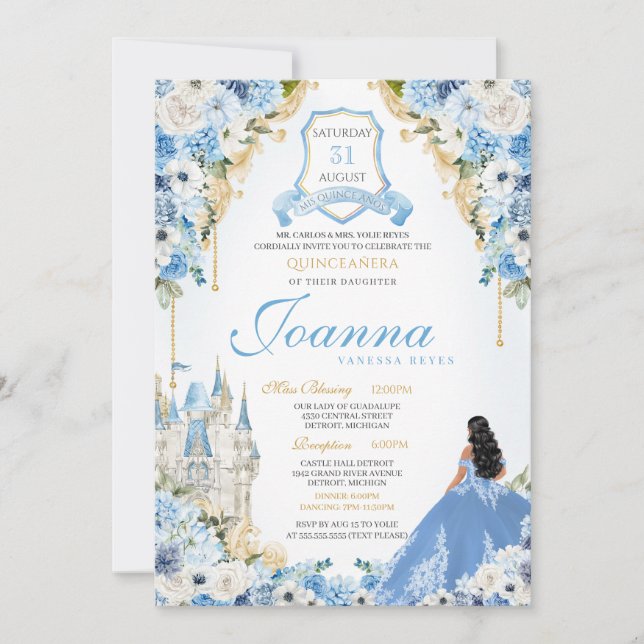 Princess Castle Blue Cinderella Quinceanera v5 Inbjudningar (Framsida)