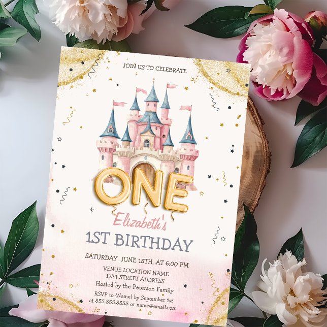 Princess Castle Confetti Watercolor 1st Birthday Inbjudningar (Skapare uppladdad)