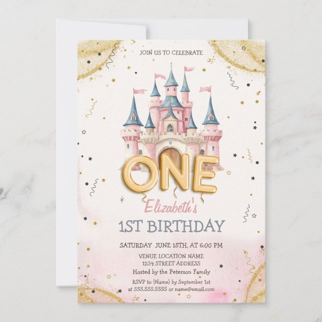 Princess Castle Confetti Watercolor 1st Birthday Inbjudningar (Framsida)
