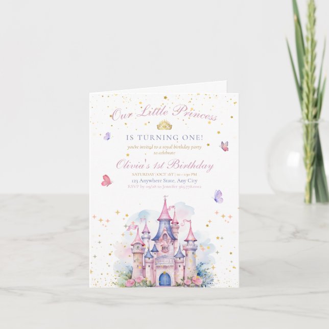 Princess Castle Girl Birthday, Princess 1ST Birthd Inbjudan (Framsida)