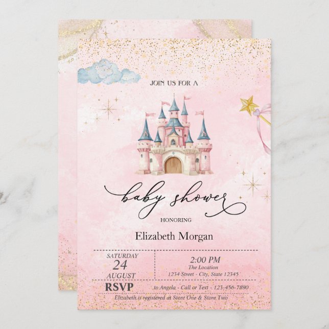 Princess Castle Gold Dust Pink Baby Shower   Inbjudningar (Fram/baksida)