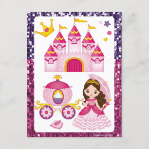Princess Castle Guld Krona Rosa Lila Sequin Vykort