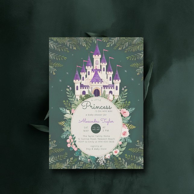Princess Castle Ro Flicka Shower Inbjudningar (princess girl baby shower invitation enchanted forest magical castle roses greenery frame)