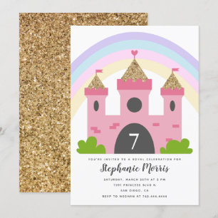 Princess Castle Rosa Guld Födelsedagsfest Inbjudningar