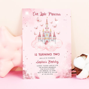 Princess Castle Rosa Watercolor Girl Birthday Inbjudningar