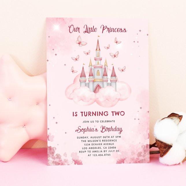 Princess Castle | Rosa Watercolor Girl Birthday Inbjudningar (Skapare uppladdad)