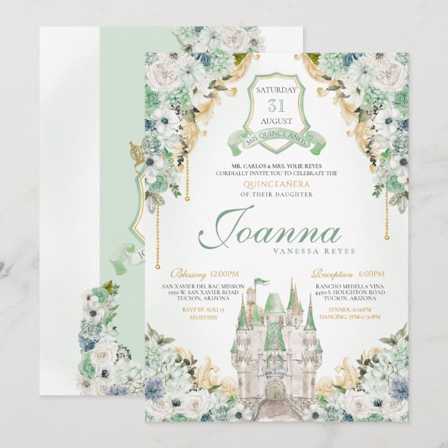 Princess Castle Royal Mint Grönt Quinceanera Inbjudningar (Fram/baksida)