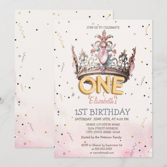 Princess Crown Fairytale 1st Birthday  Inbjudningar (Fram/baksida)
