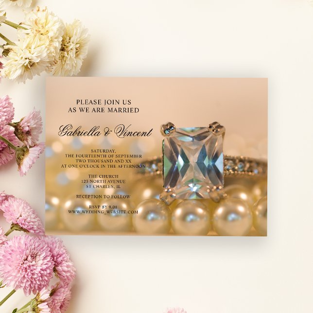 Princess Diamond Ring och White Pearls Bröllop Inbjudningar (Skapare uppladdad)