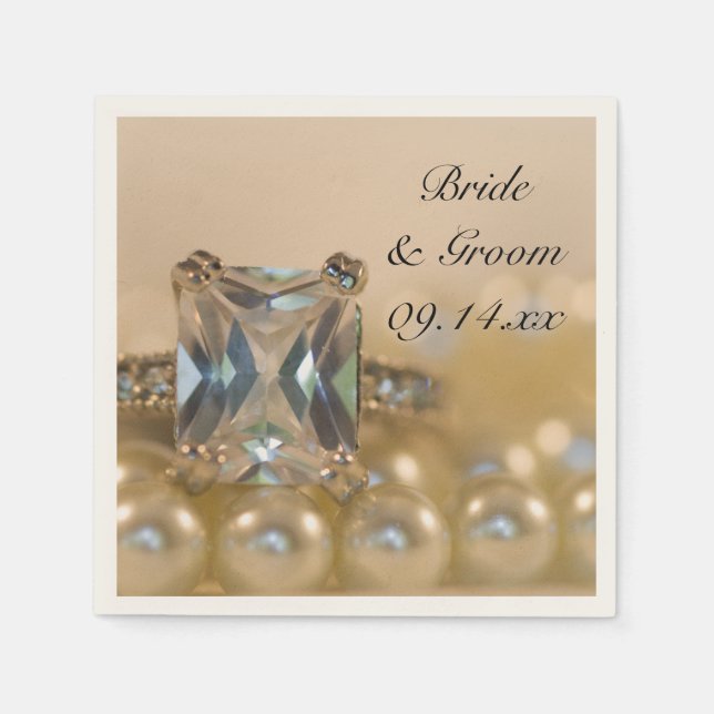 Princess Diamond Ring och White Pearls Bröllop Pappersservett (Framsidan)