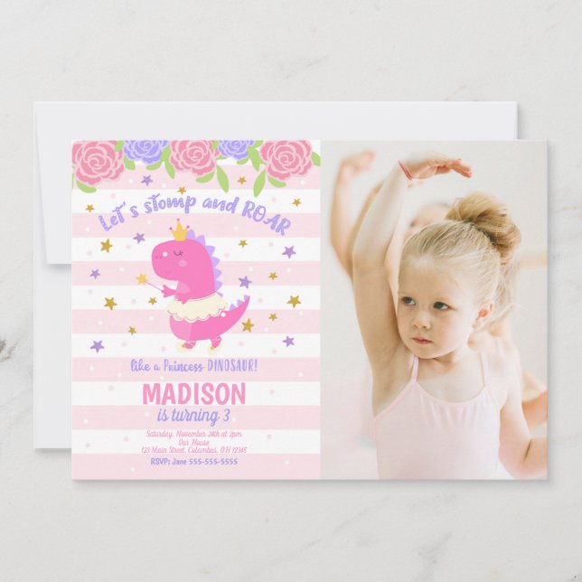 Princess Dinosaur Birthday Photo Invitation Inbjudningar (Framsida)